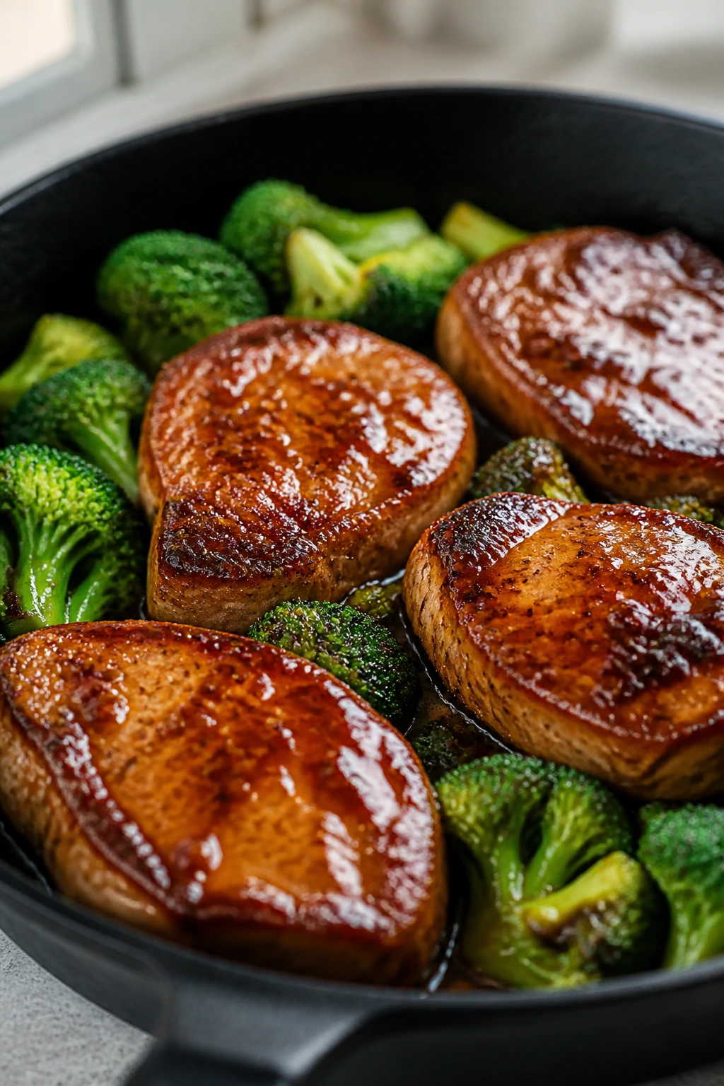 Teriyaki-glazed pork chops with broccoli in a skillet