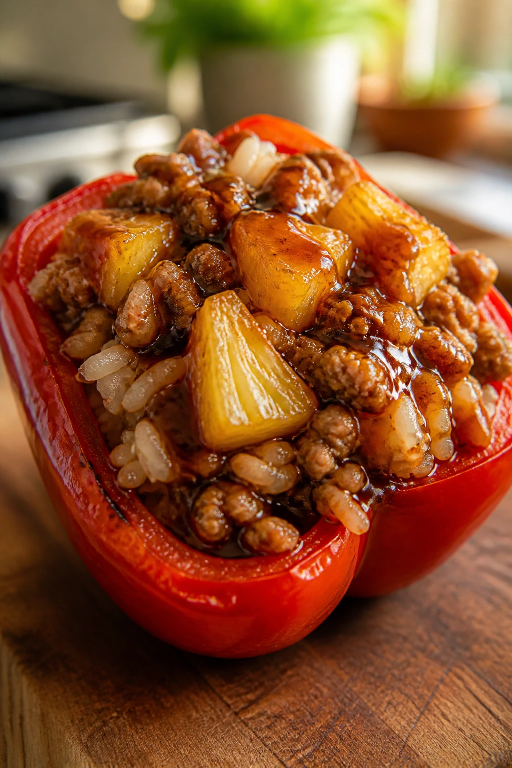 Close-up of teriyaki pork and pineapple stuffed pepper half in a bright kitchen
