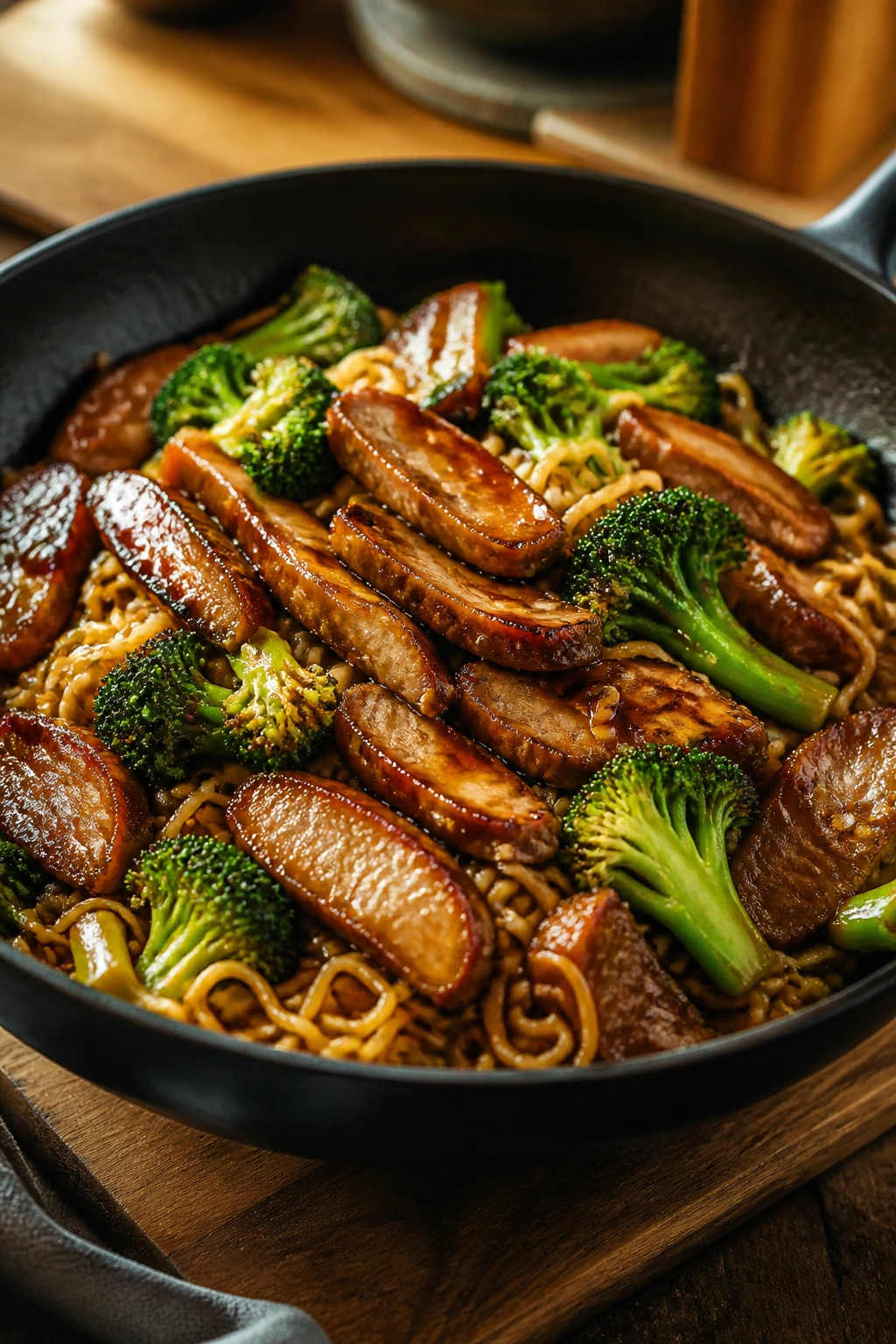 Close-up of teriyaki pork ramen with broccoli