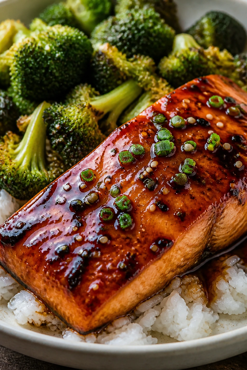 Close-up of teriyaki salmon with broccoli and rice on a plate