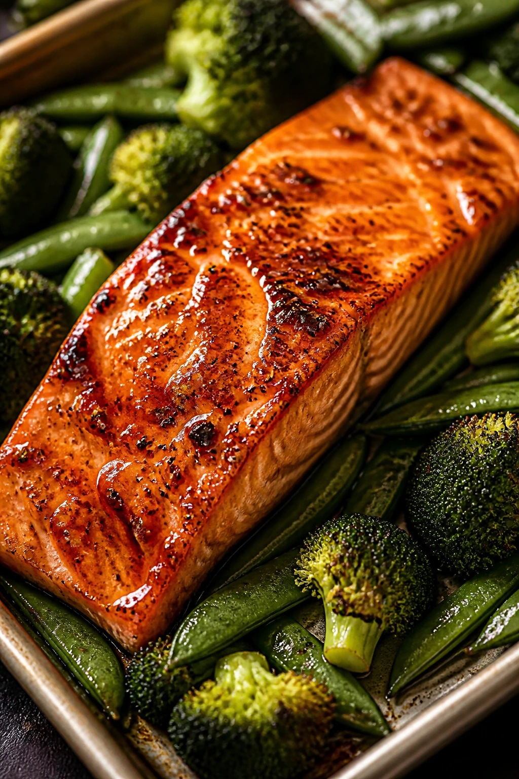 Teriyaki salmon with broccoli and snap peas on a sheet pan