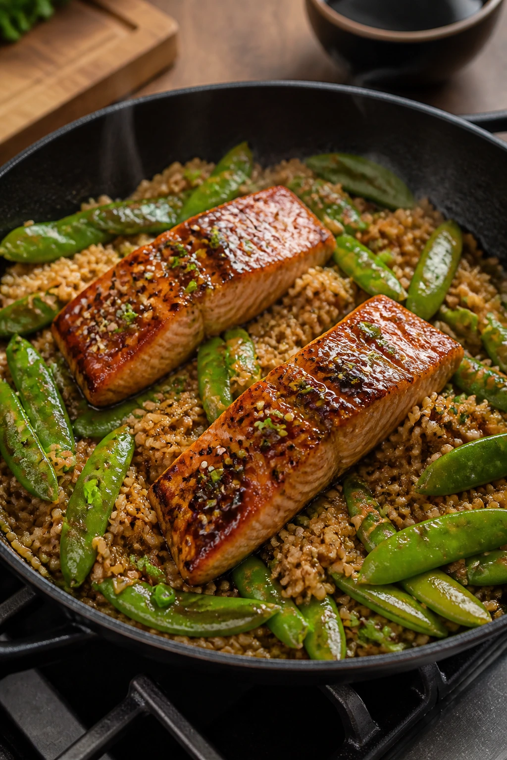 Medium-close view of Teriyaki Salmon Skillet with salmon, snap peas, and rice