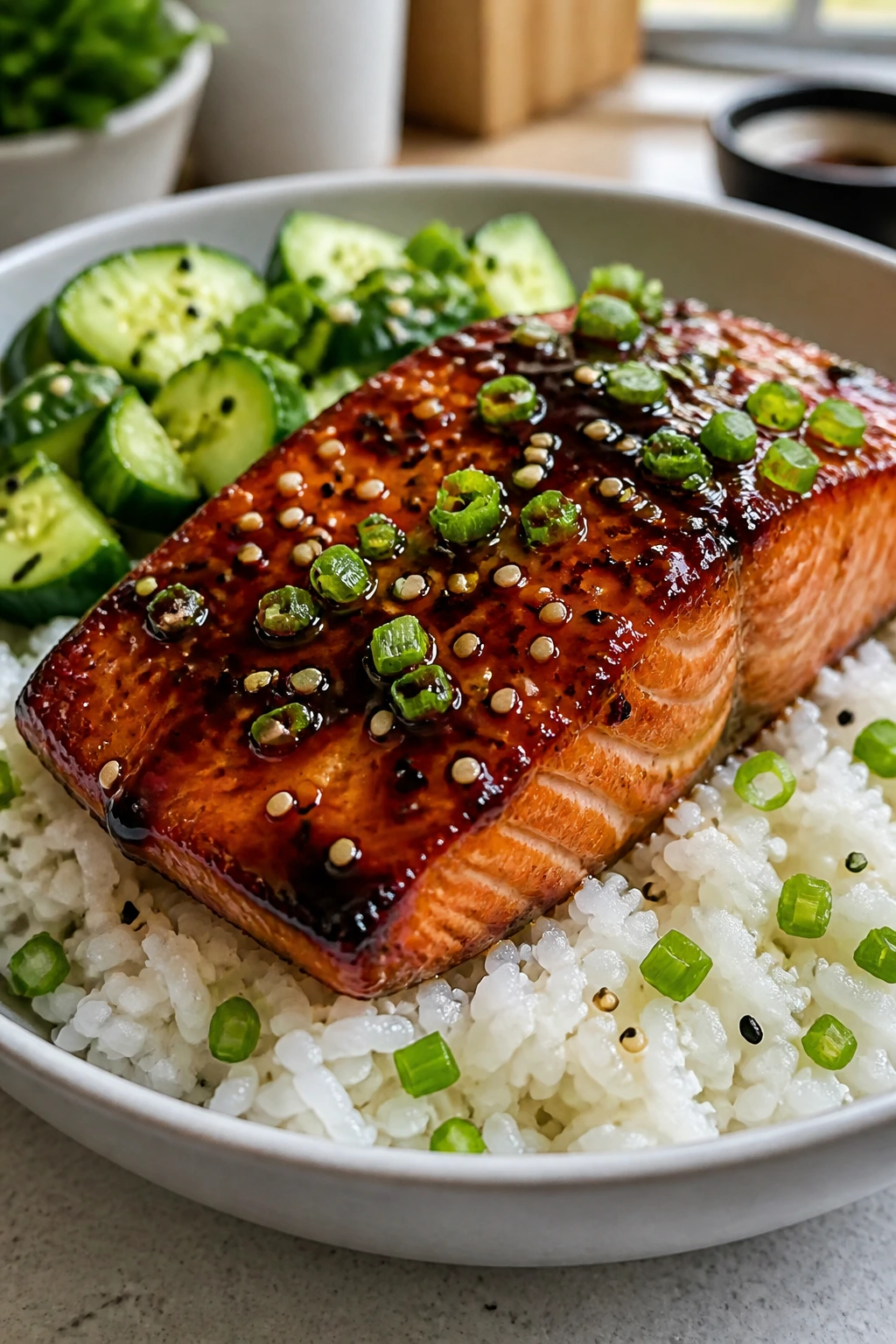 Glossy teriyaki salmon on rice with cucumber and sesame in a bright kitchen.