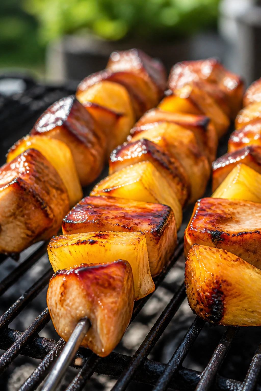 Juicy chicken and pineapple skewers with caramelization over grill
