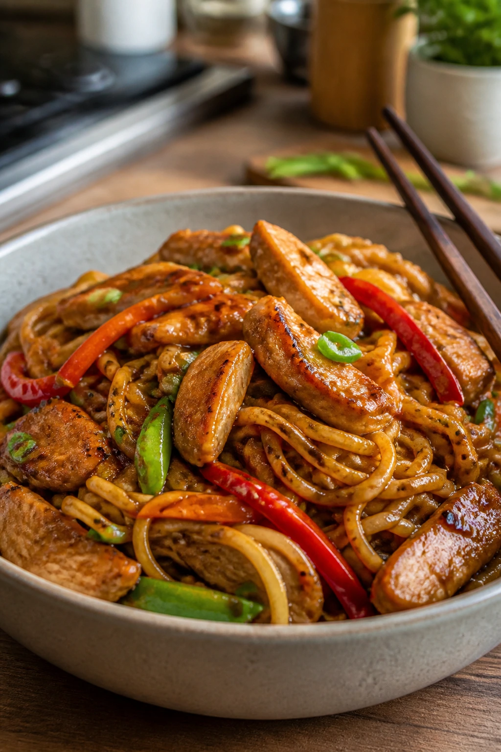 Close-up of teriyaki chicken stir-fry noodles with vegetables