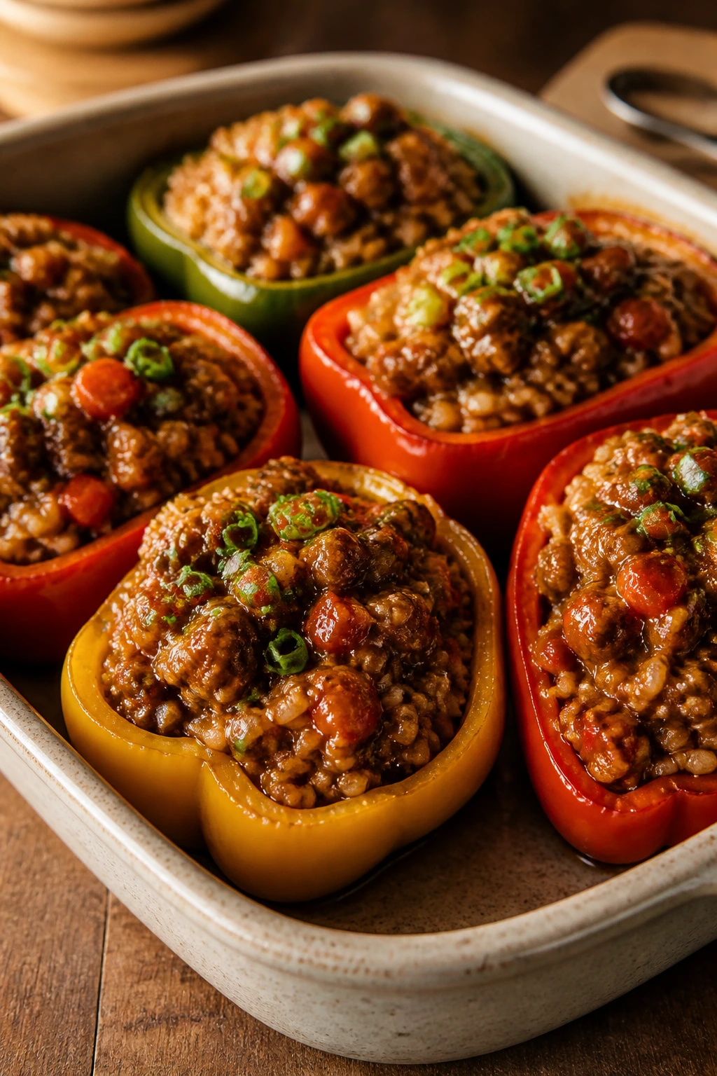 Close-up of stuffed peppers with teriyaki chicken and rice