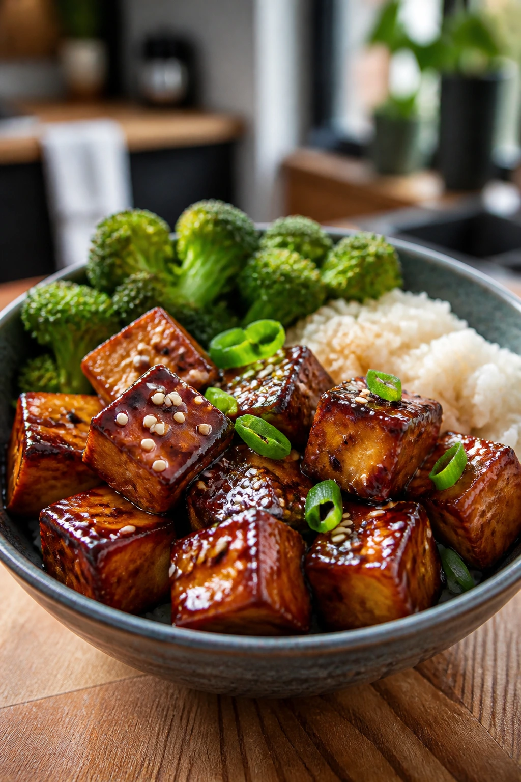 Glossy teriyaki tofu bowls with broccoli and rice in a ceramic bowl