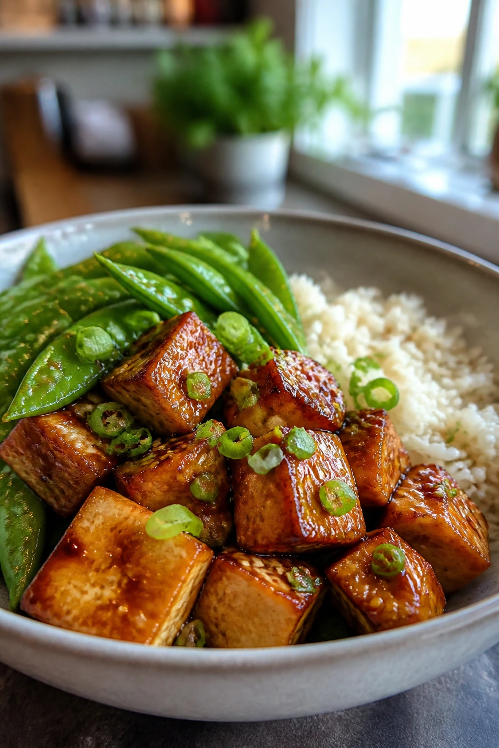 Tofu cubes with snap peas and rice in teriyaki glaze in bowl