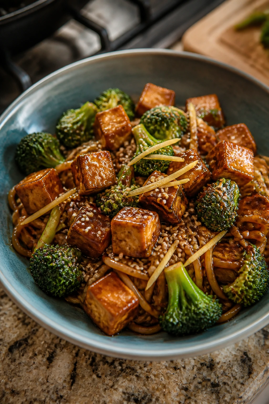 Medium close-up of teriyaki tofu noodle bowl with broccoli and sesame seeds