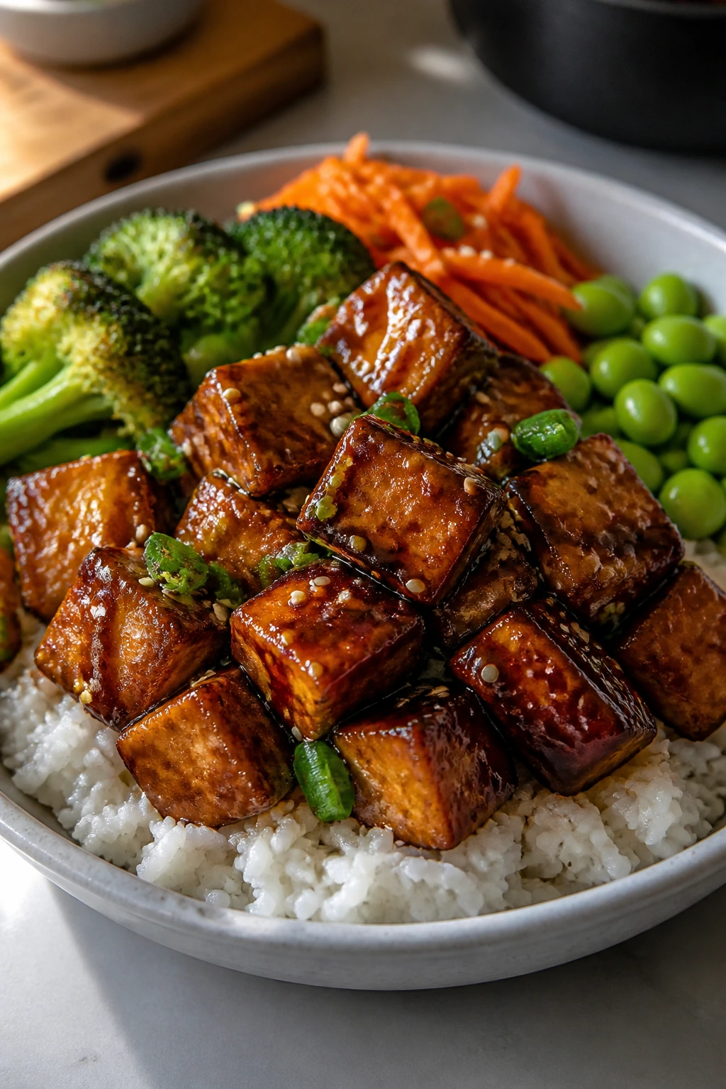 Tofu rice bowl with teriyaki glaze and vegetables in a kitchen