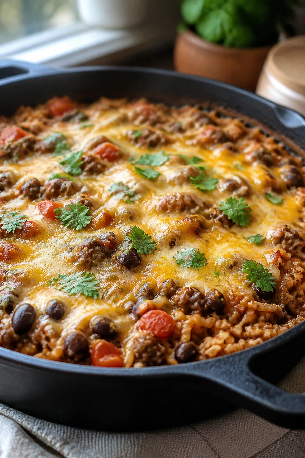 Tex-Mex beef and rice casserole in cast-iron skillet