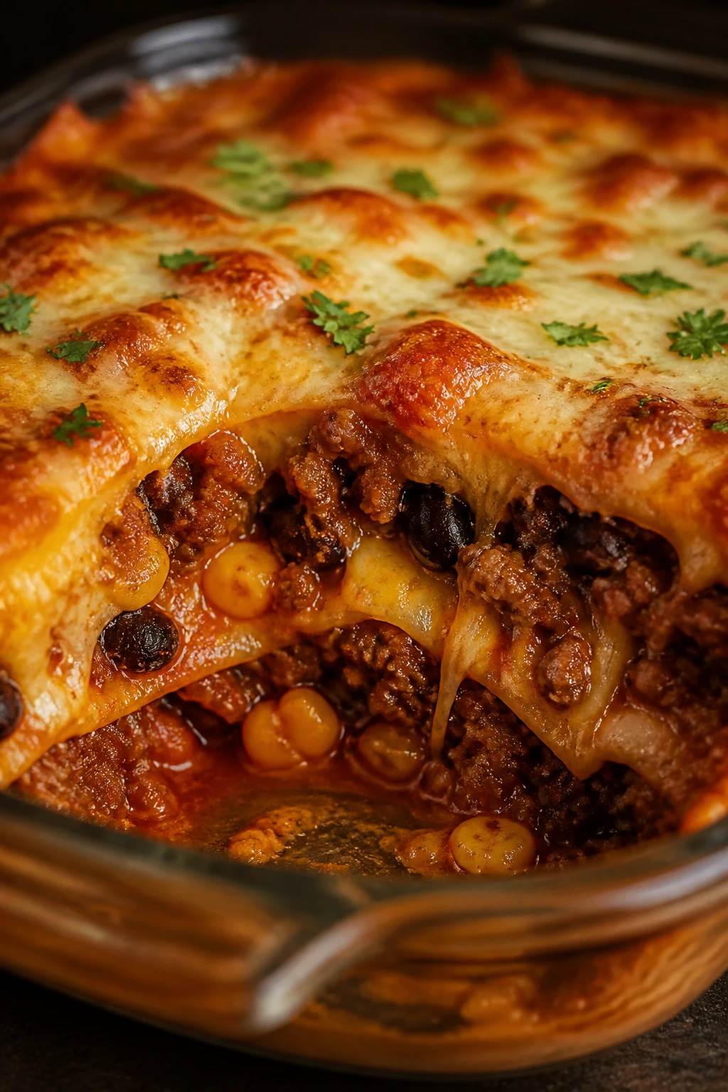 Tex-Mex beef enchilada casserole with cheese on top