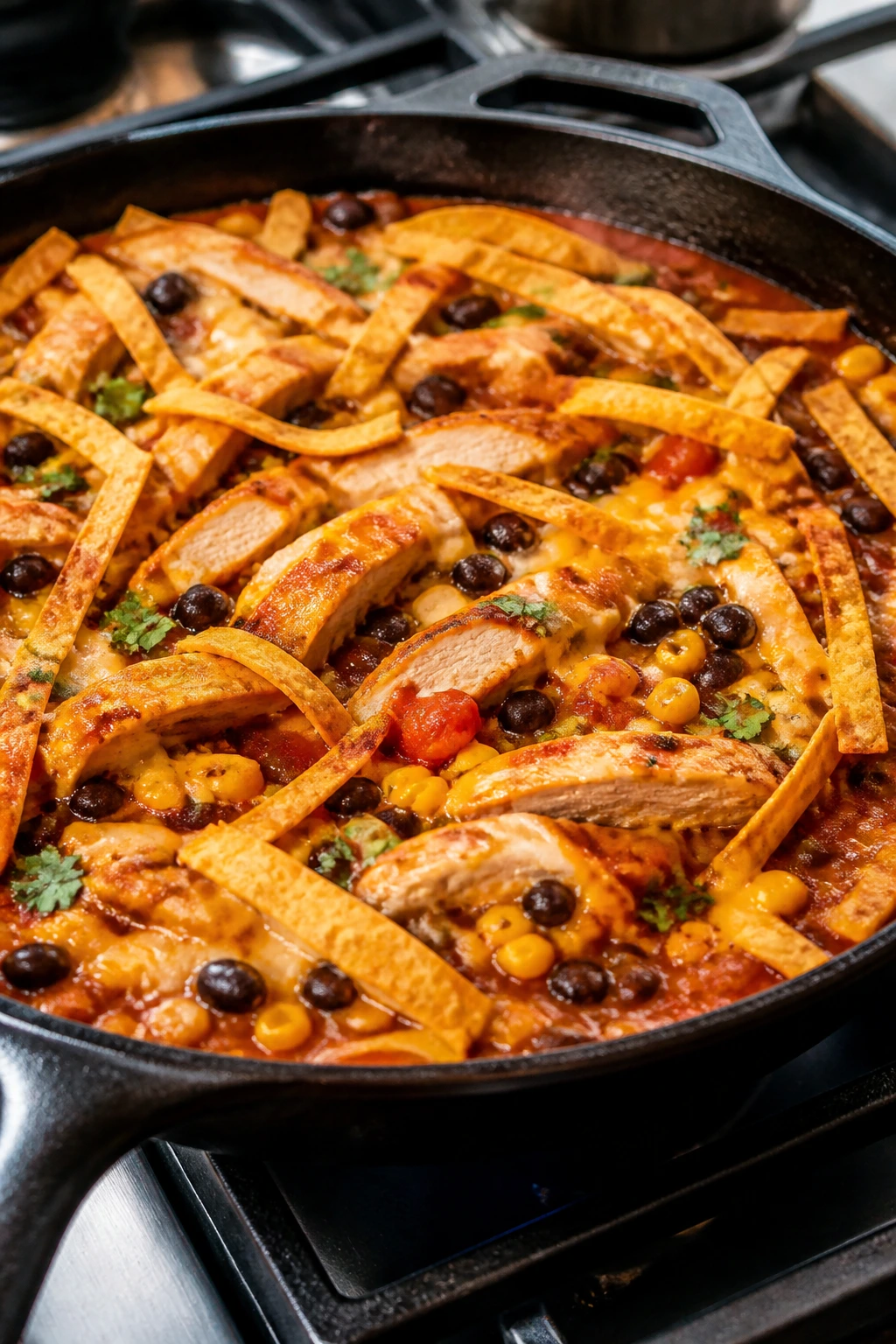 Tex-Mex smothered chicken enchilada skillet with cheese
