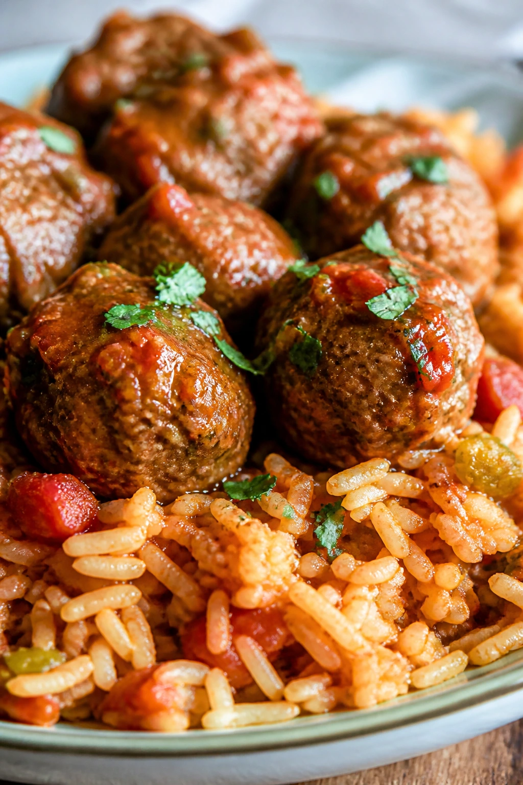 Juicy meatballs over fluffy rice with mild salsa in a home kitchen.