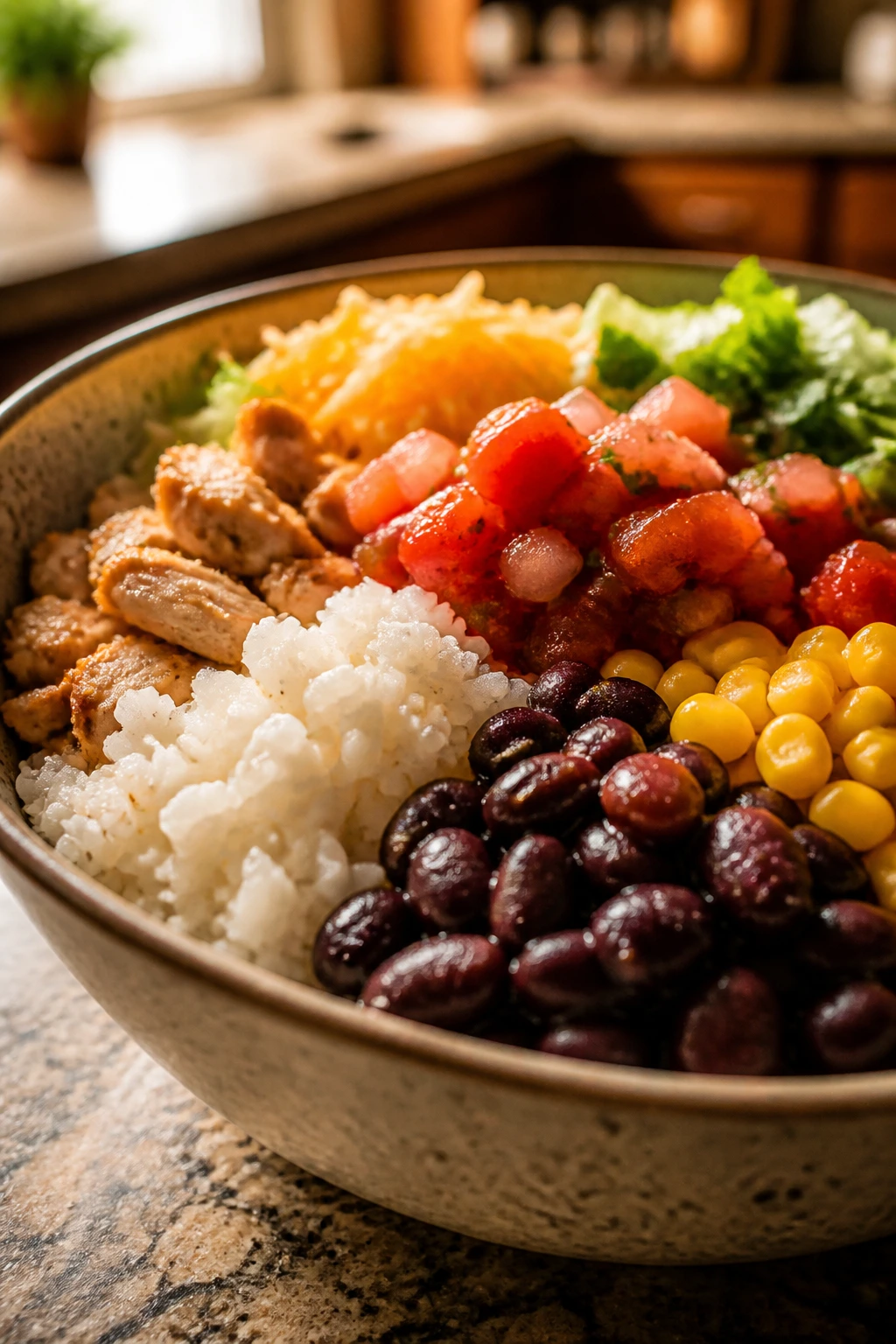 Colorful bowl of mild Tex-Mex ingredients