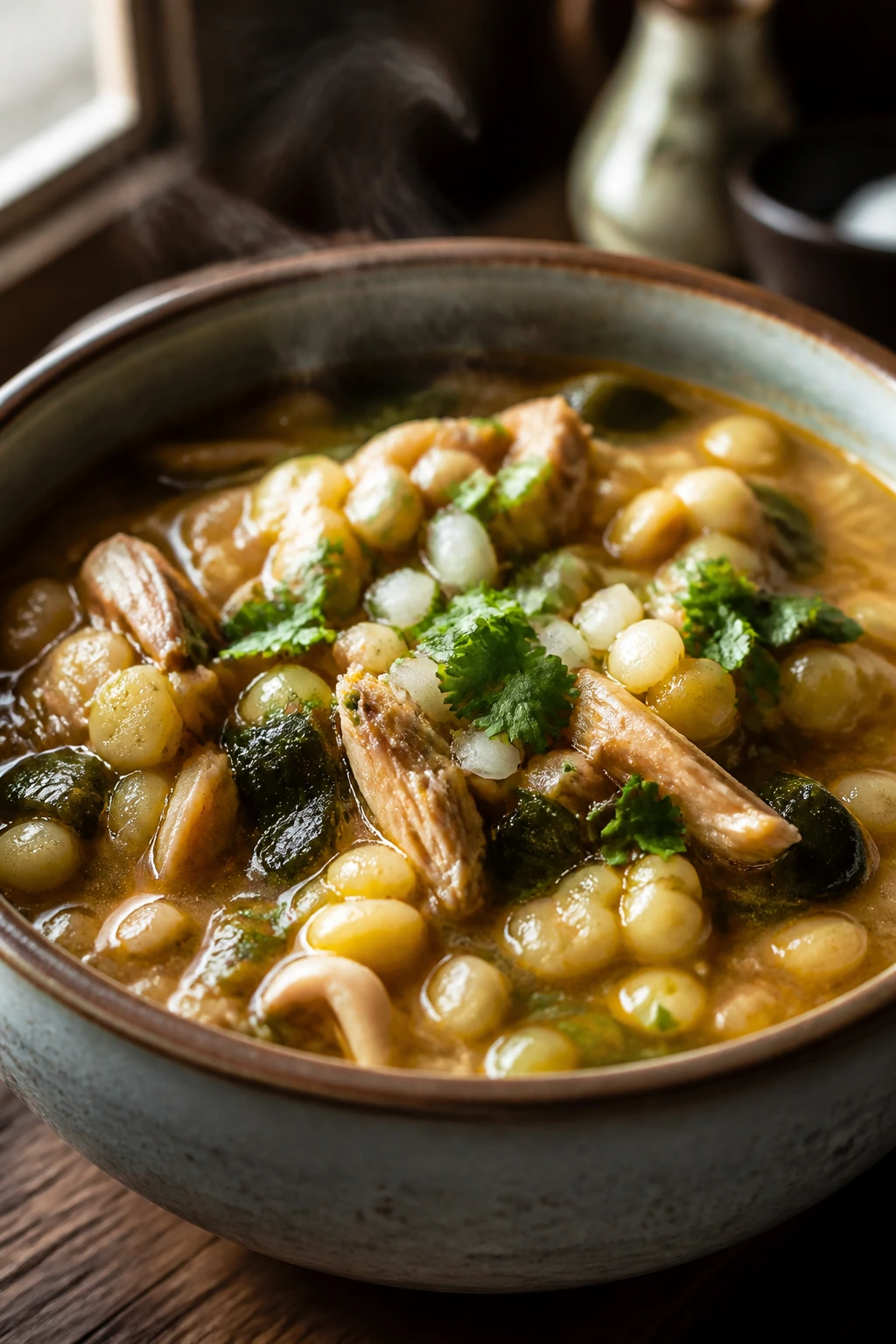 Close-up of Tex-Mex Chicken and Hominy Stew in a bowl with chicken, hominy, and peppers