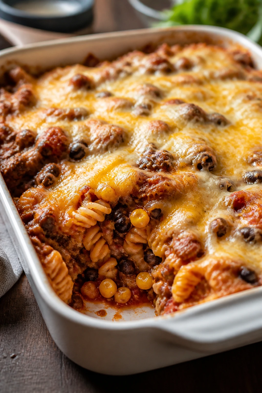 Close-up of Tex-Mex taco pasta bake bubbling in a ceramic dish