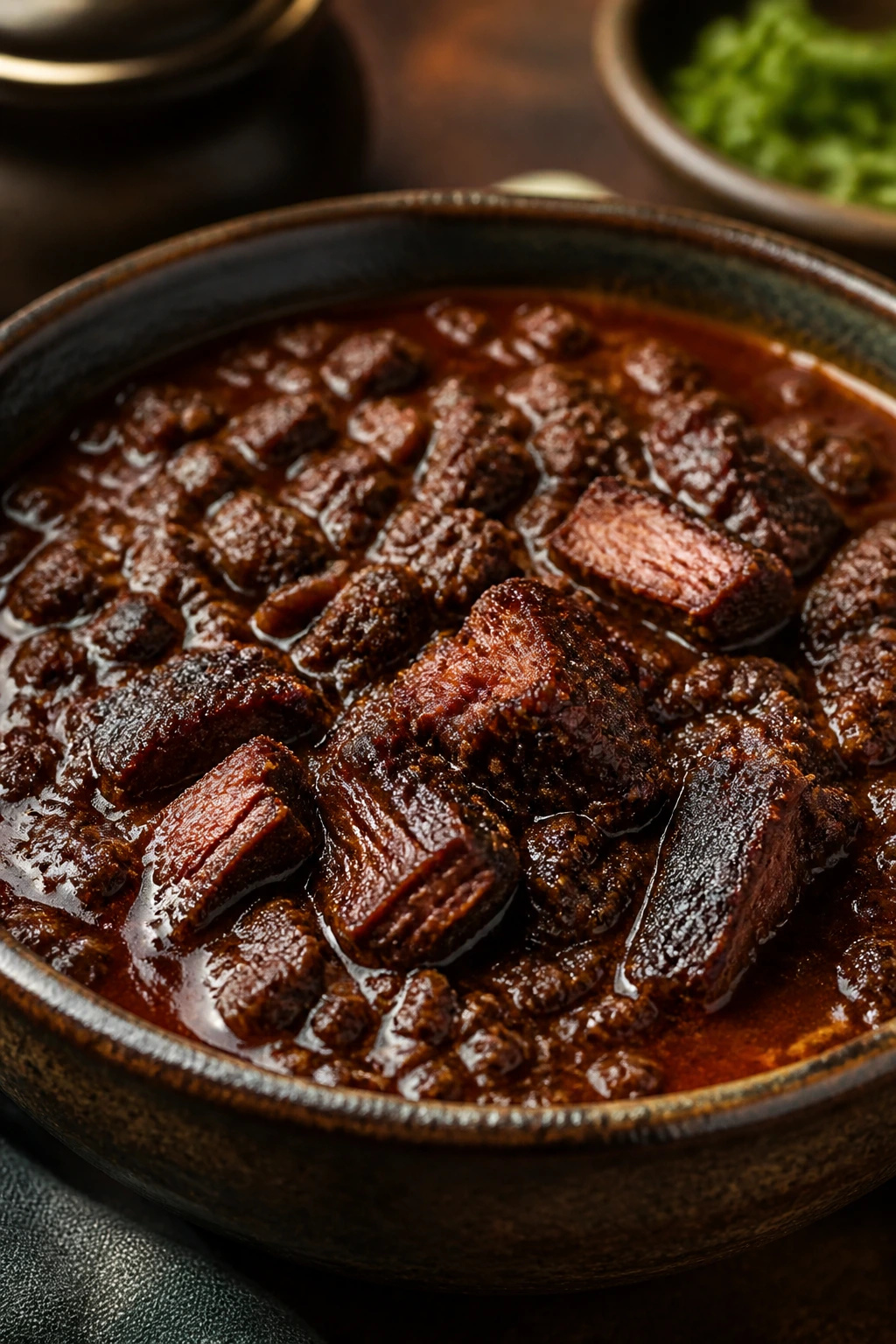 Deep Texas-style brisket chili in a rustic bowl