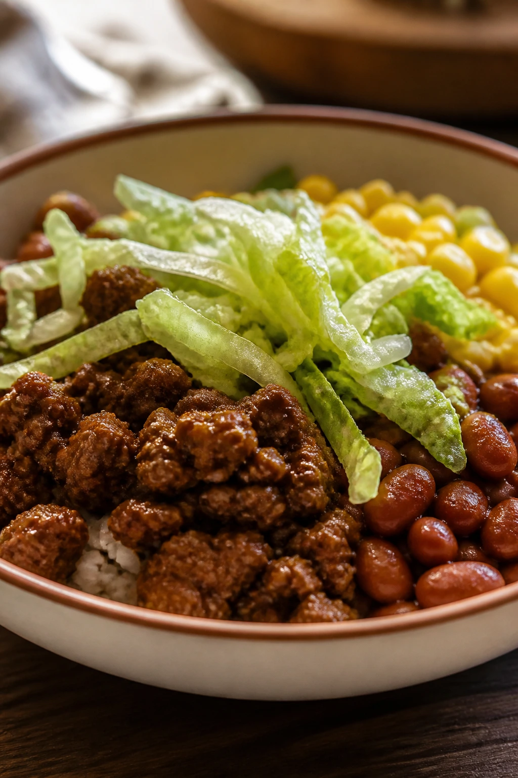 Tex-Mex ground beef burrito bowl with beans and corn