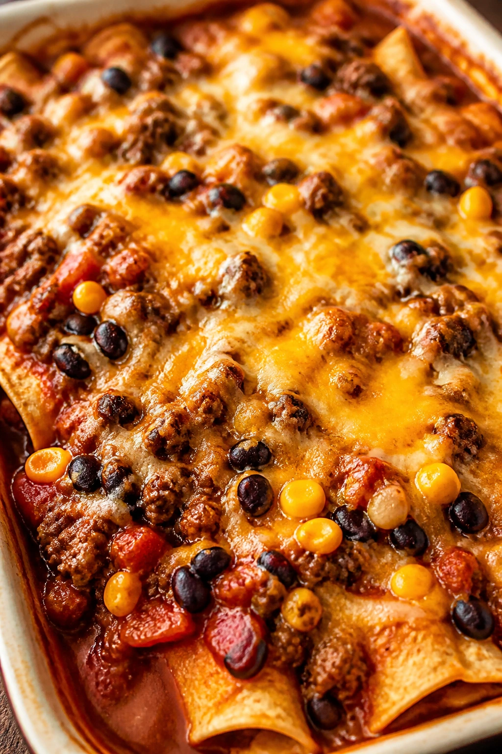 Close-up of Tex-Mex beef enchilada casserole with tortillas and cheese in a pan