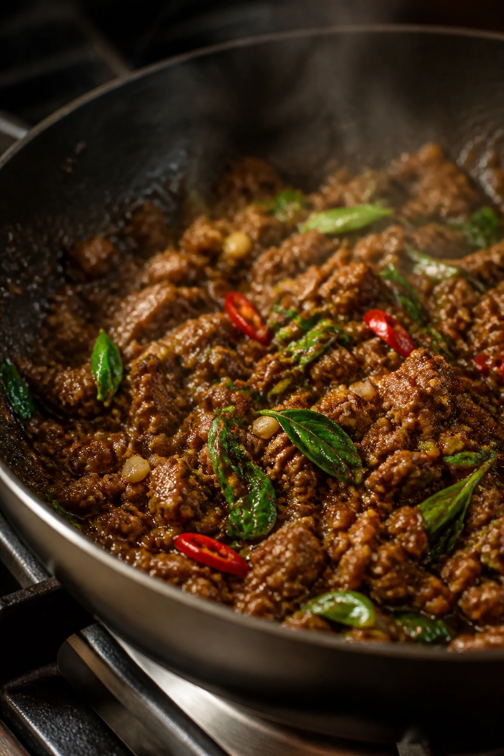 Close-up of Thai basil beef with fresh basil on top