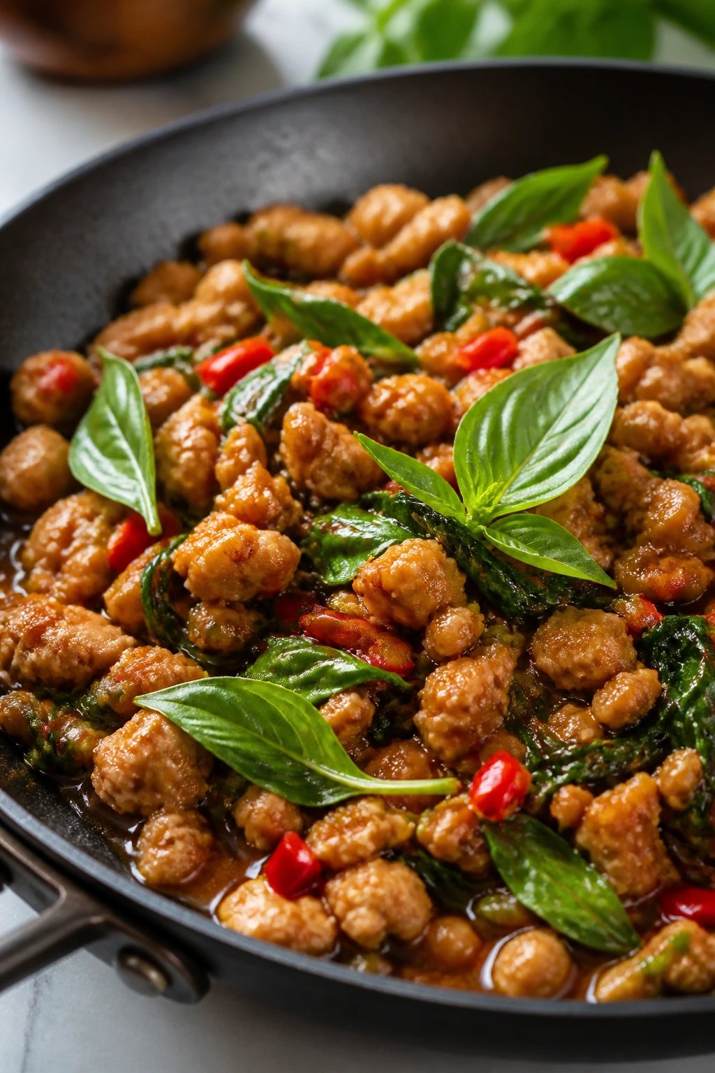 Close-up of Thai Basil Chicken in a skillet