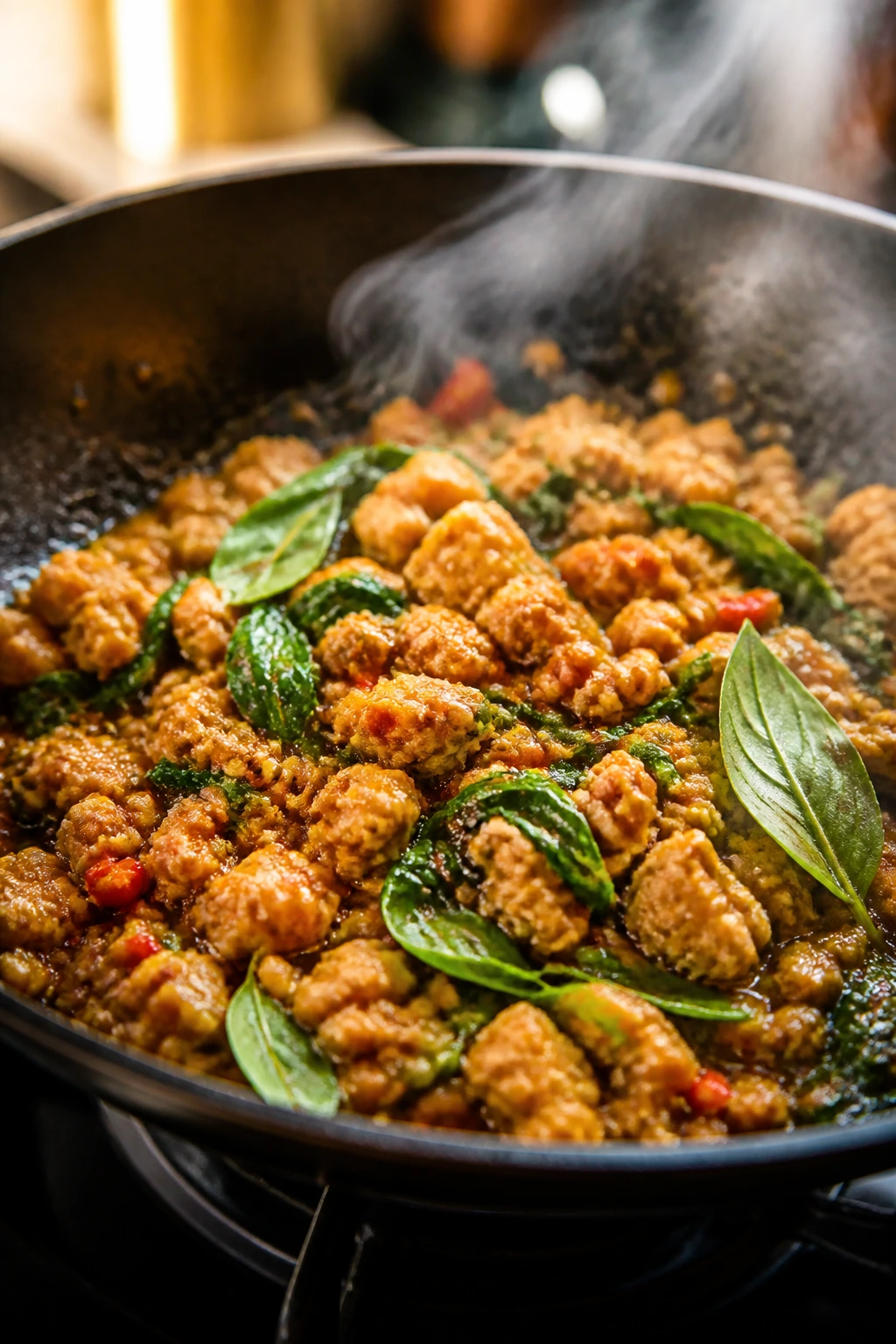 Close-up of Thai basil chicken stir-fry with fresh basil