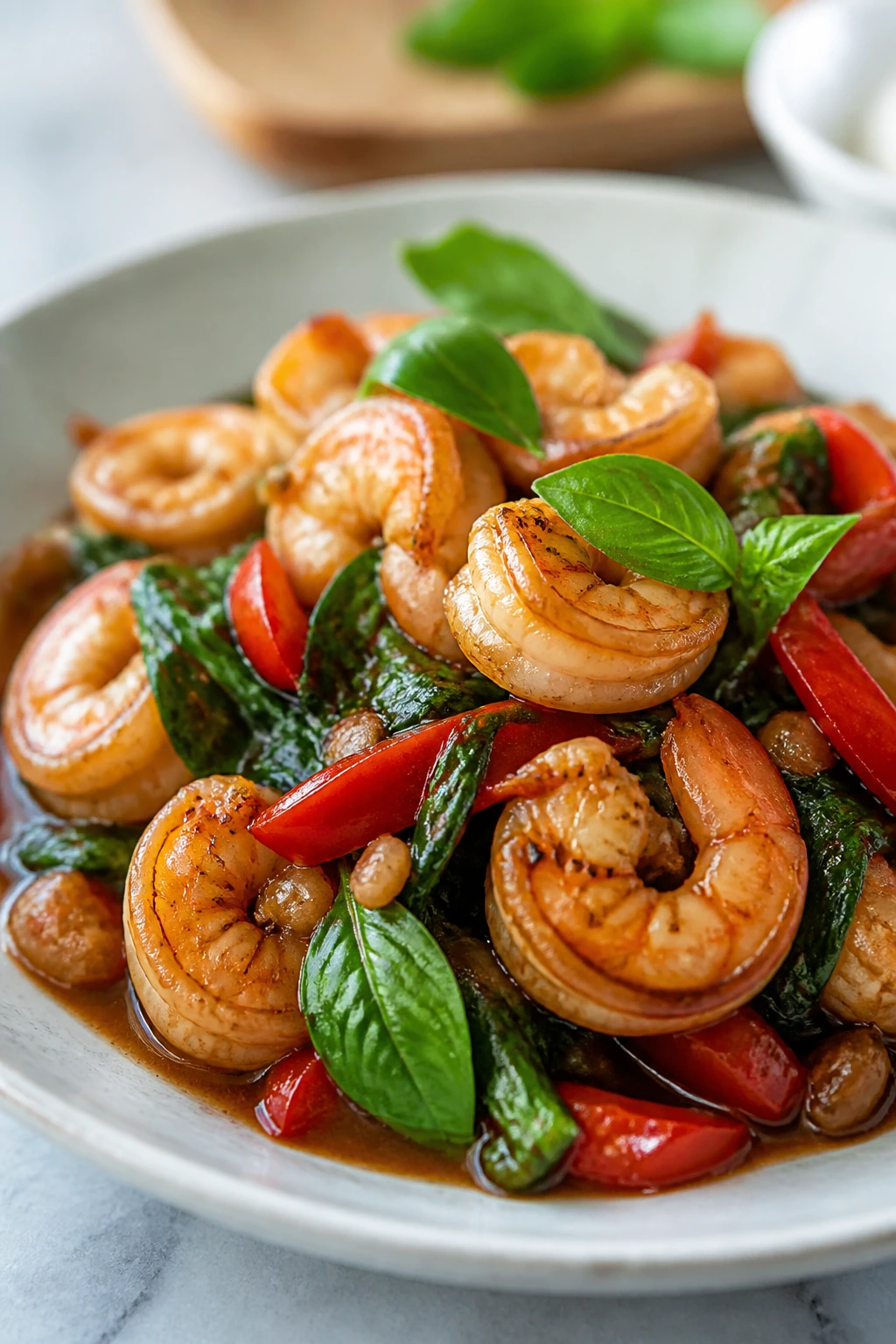 Close-up of Thai basil shrimp stir-fry with basil and peppers