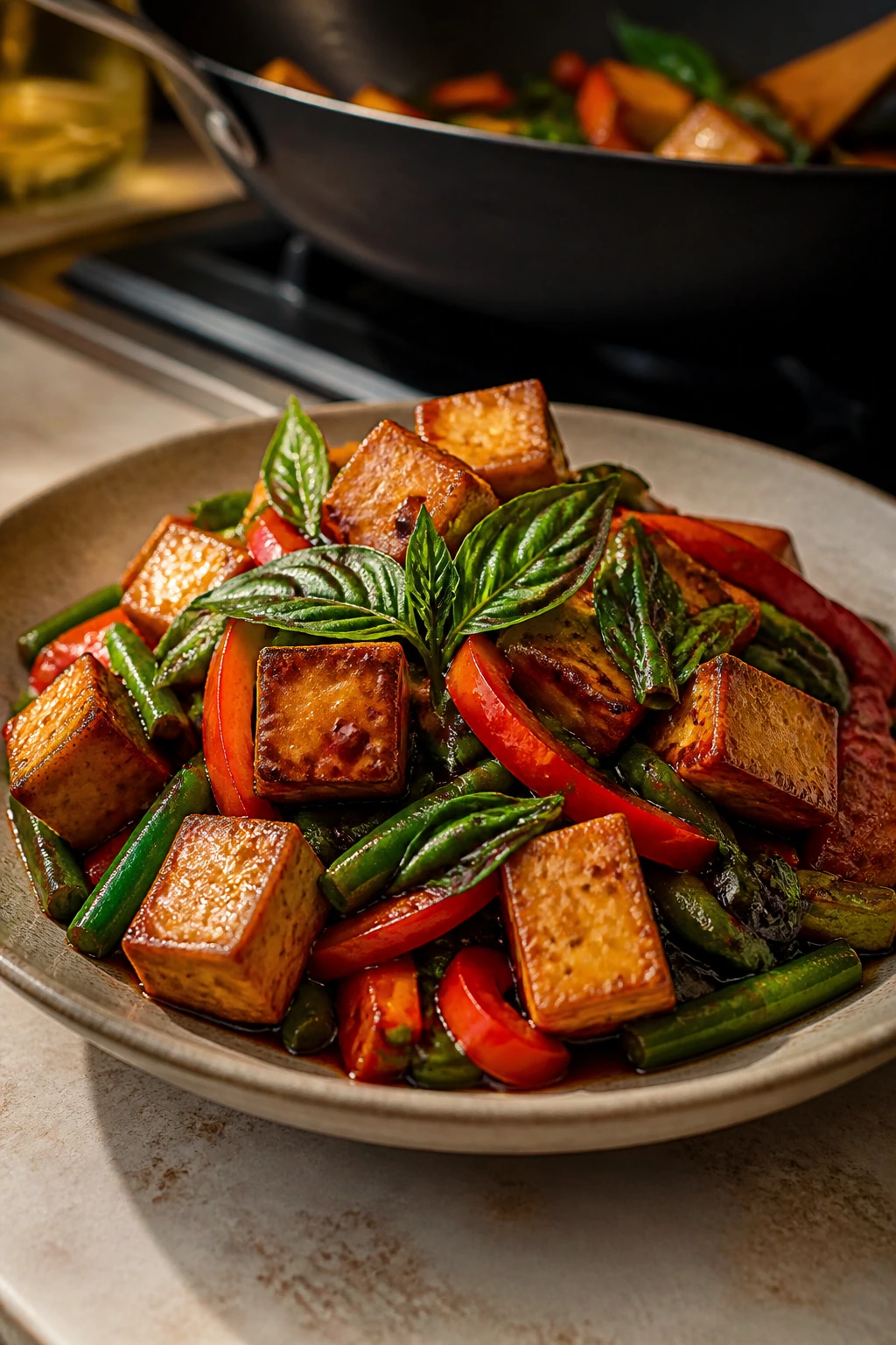 Crispy tofu stir-fry with basil and vegetables on a plate