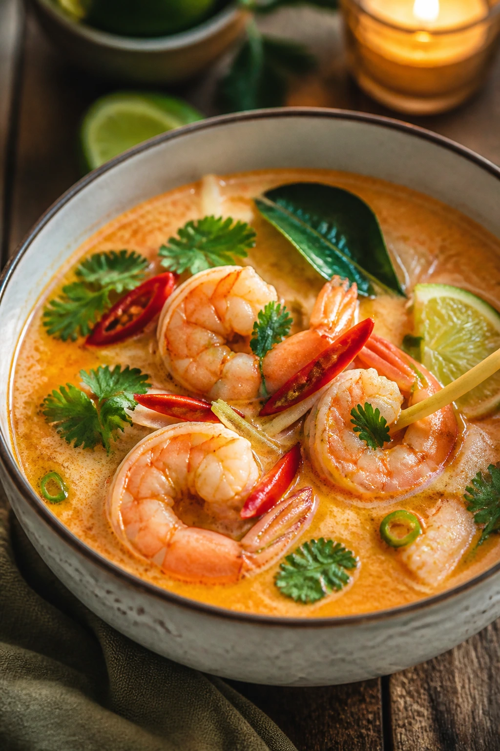 Thai coconut curry shrimp soup in a bowl