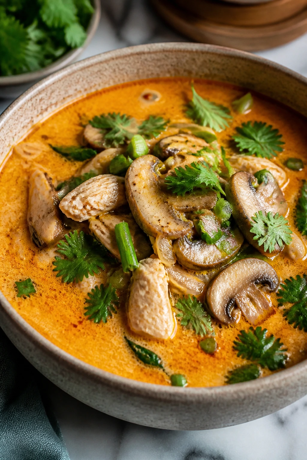 Close-up of Thai coconut curry chicken soup in a bowl