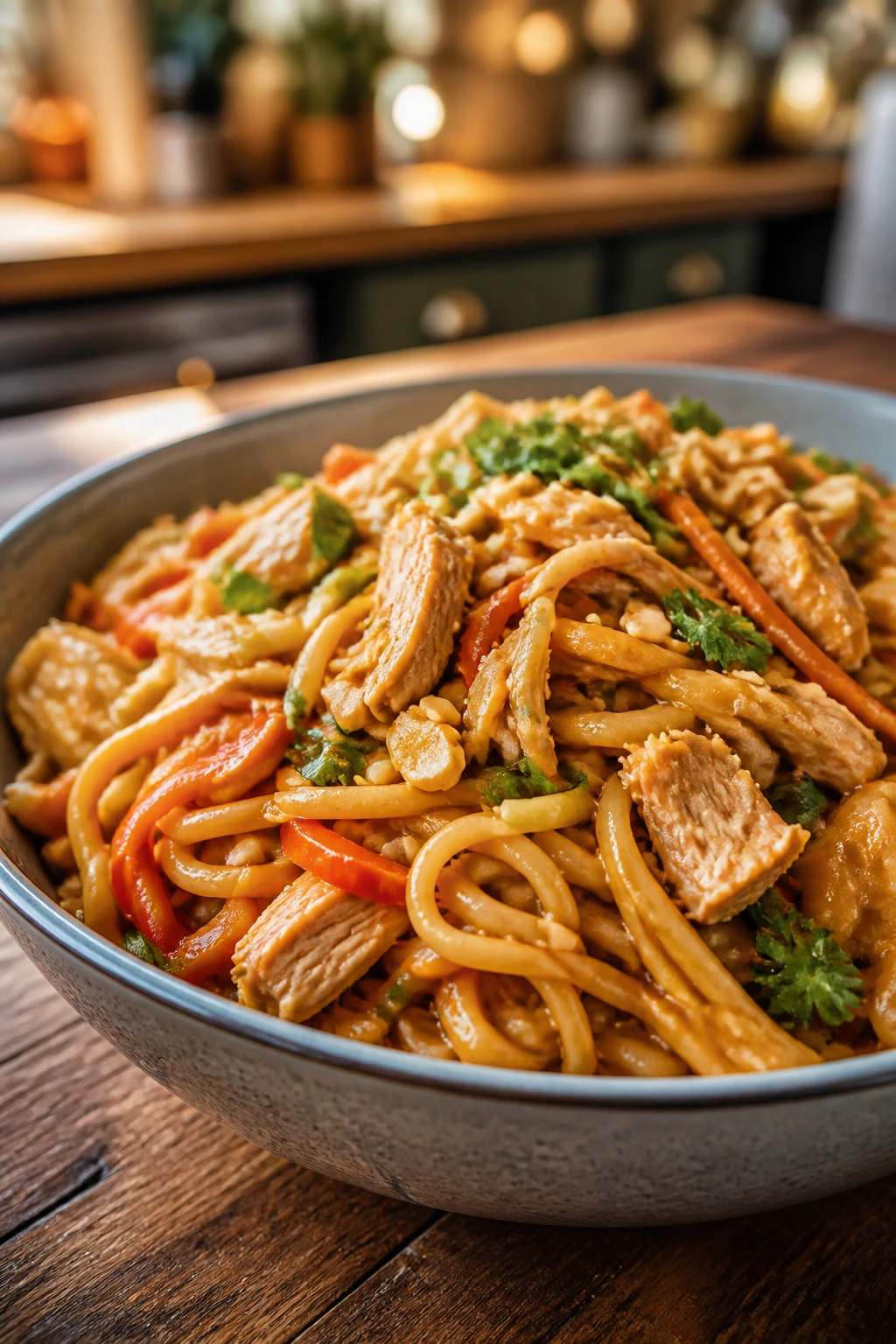 Glossy Thai peanut chicken noodles in a bowl with veggies.