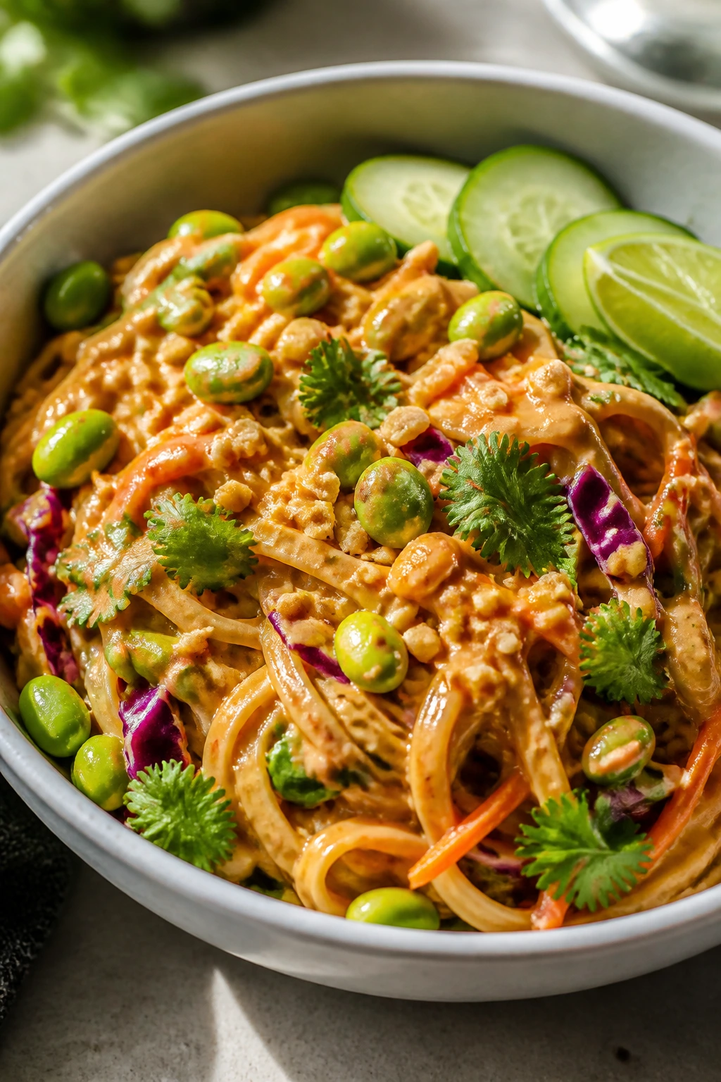 Noodles with peanut sauce and vegetables in a bowl