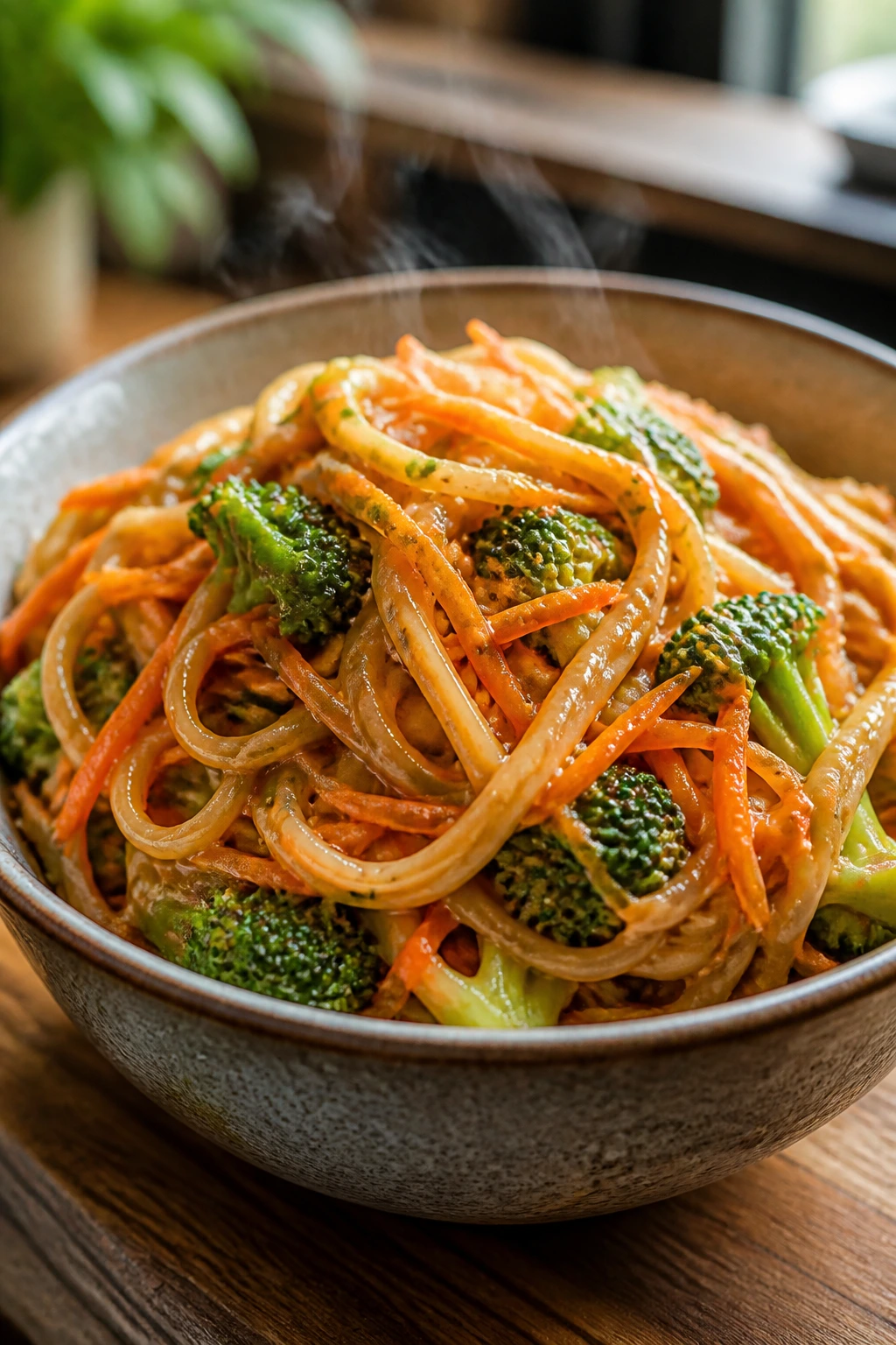 Close-up of Thai peanut noodles with broccoli and carrots in a rustic bowl with glossy sauce