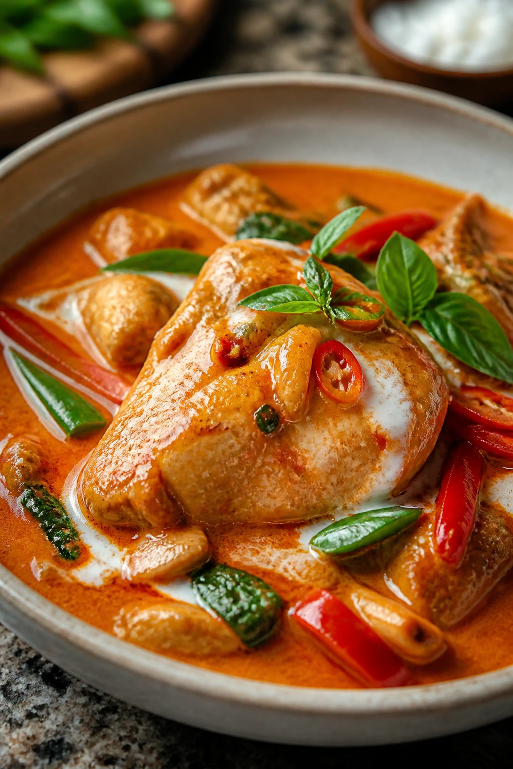 Close-up of Thai red curry chicken in coconut milk