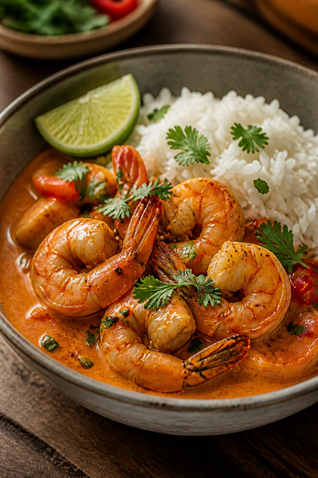 Close-up of Thai red curry shrimp with jasmine rice in a bowl, bright red sauce.