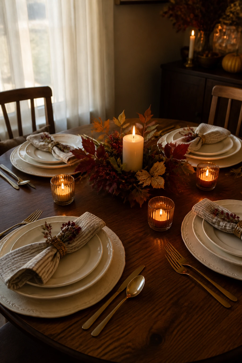 Small festive dining table set with candles in a cozy dining room