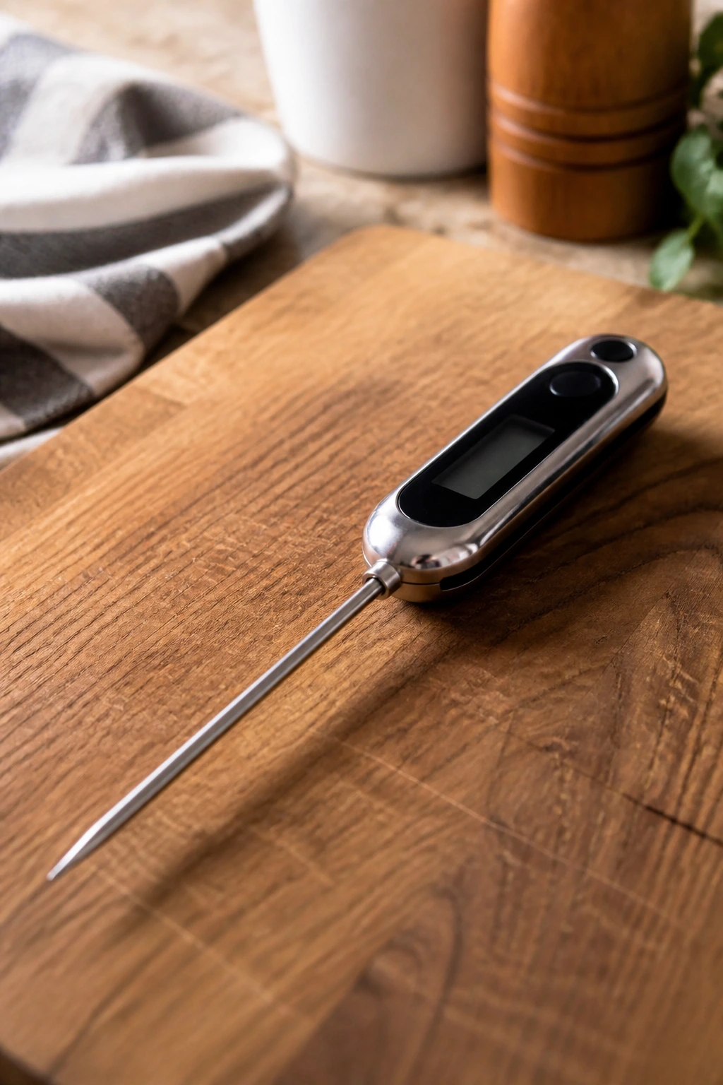 Instant-read thermometer on cutting board