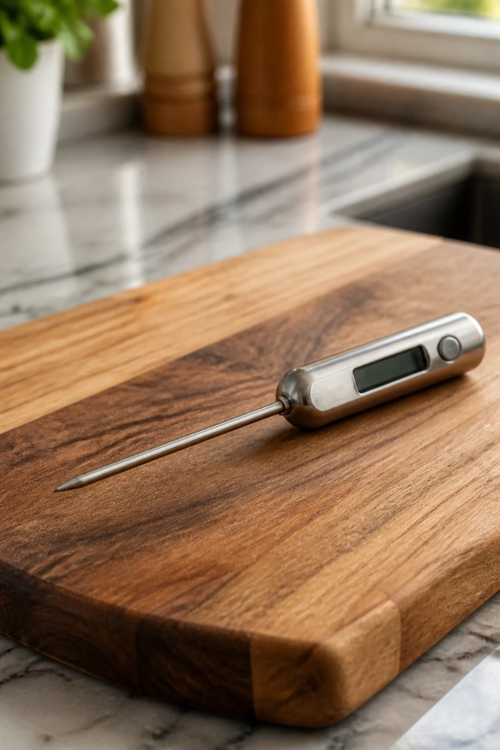 Instant-read thermometer on cutting board in bright kitchen