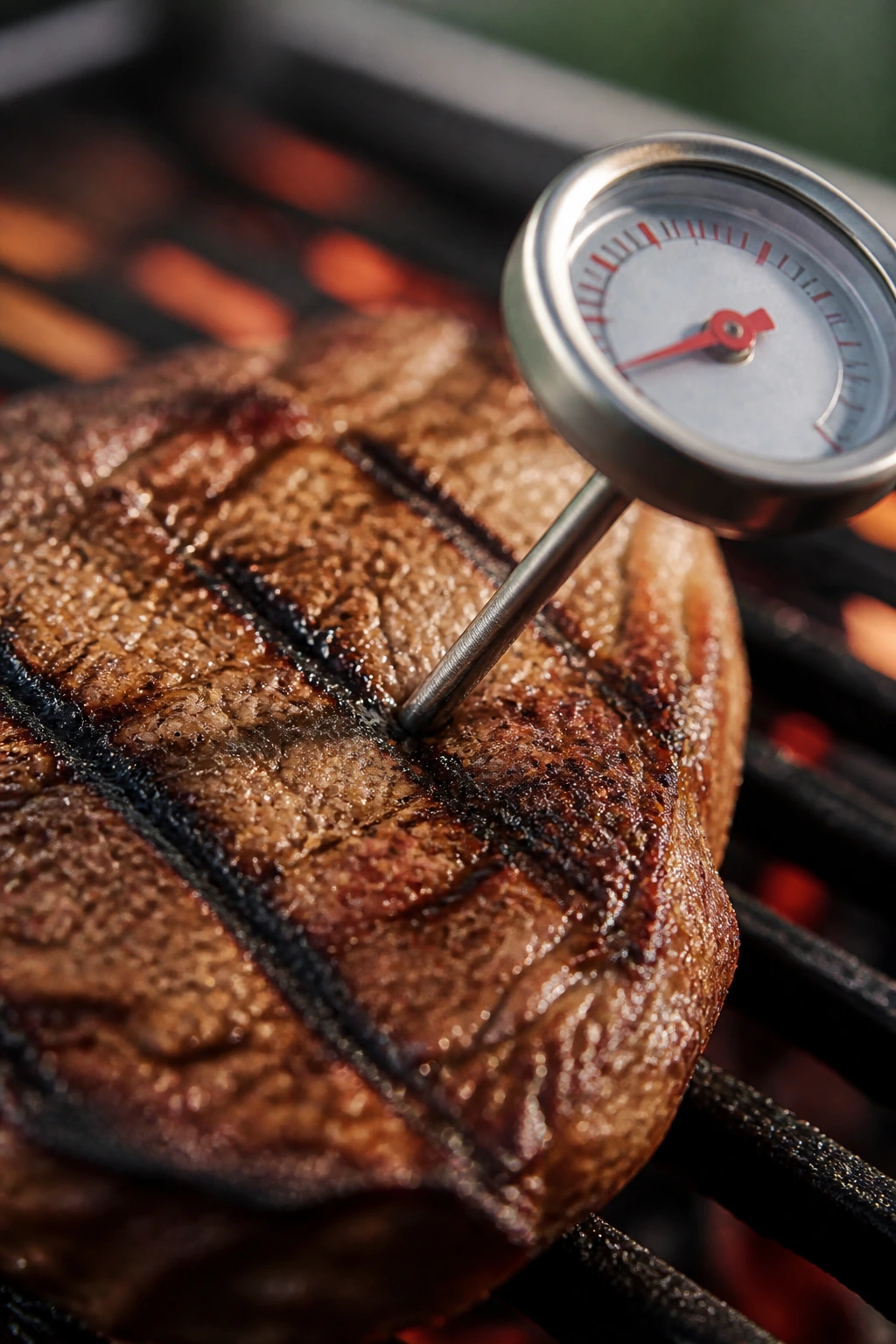 Meat thermometer in a grilled steak on a backyard grill.