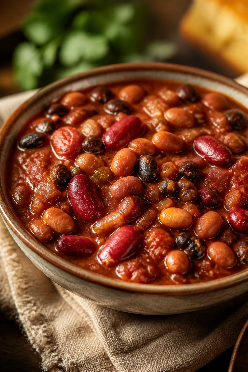 Close-up bowl of three-bean vegetarian chili