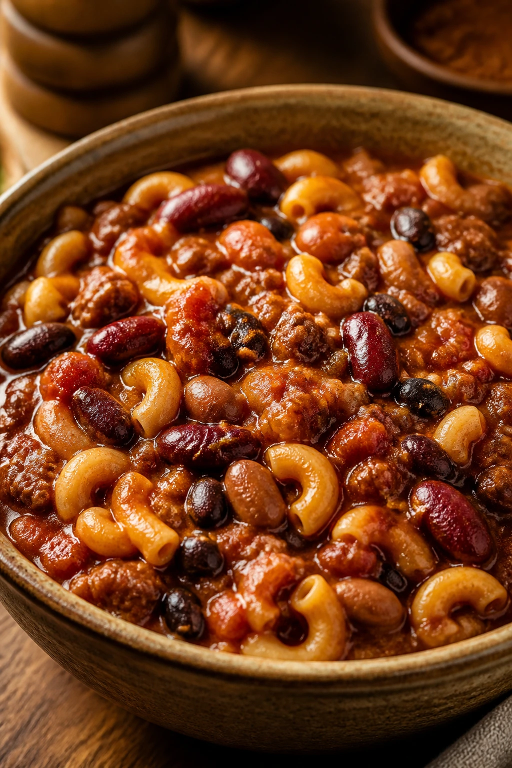 Medium-close-up of Three-Bean Chili Mac in a rustic bowl