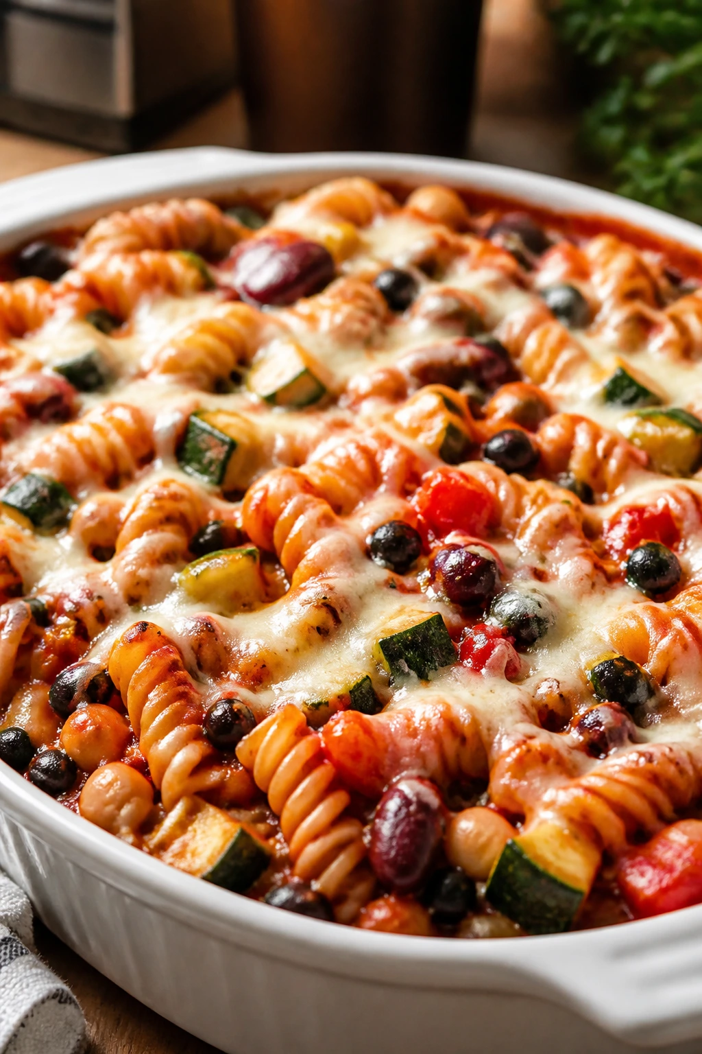 Close-up of three-bean vegetarian pasta bake with vegetables in tomato sauce