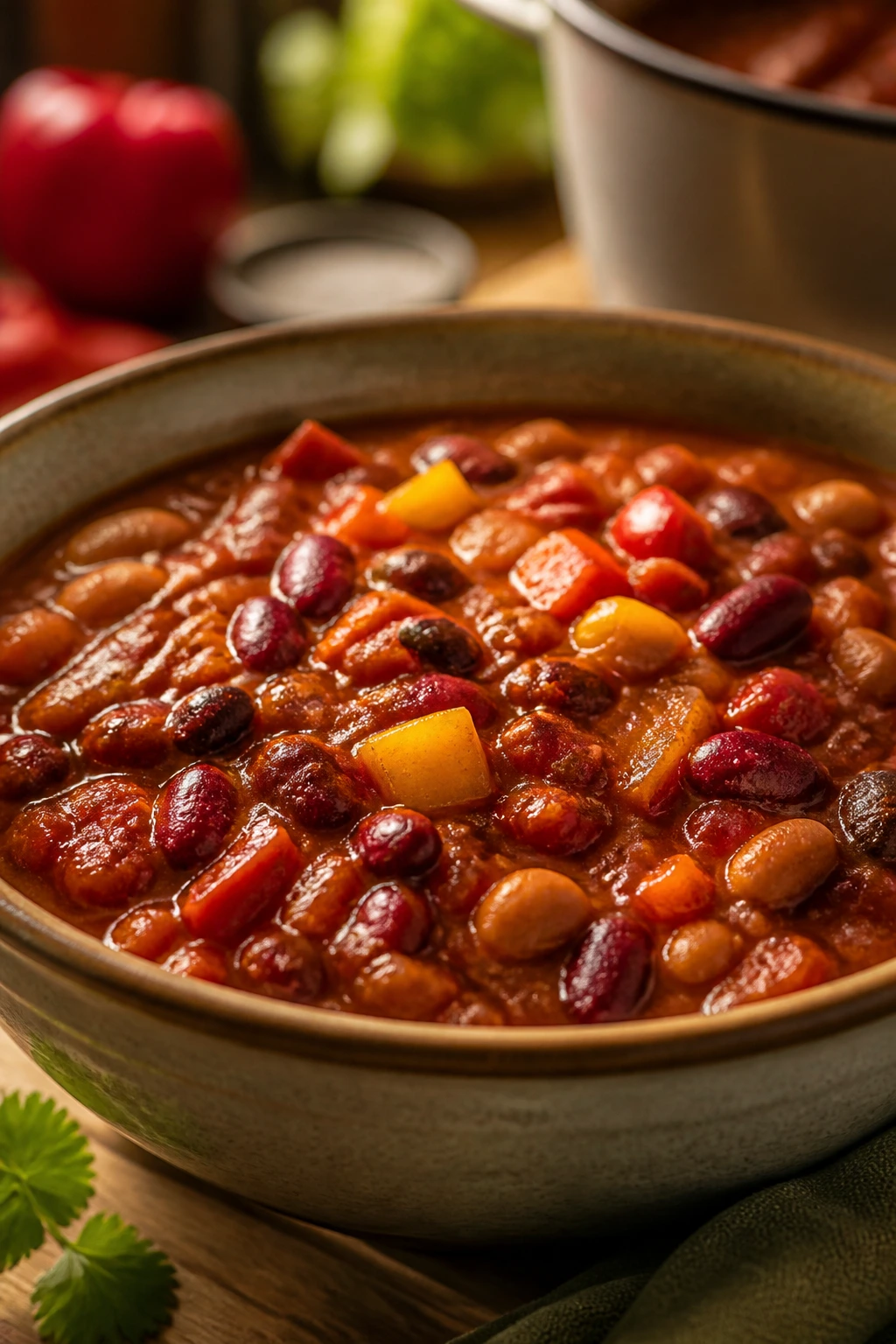 Colorful three-bean vegetarian chili in a bowl