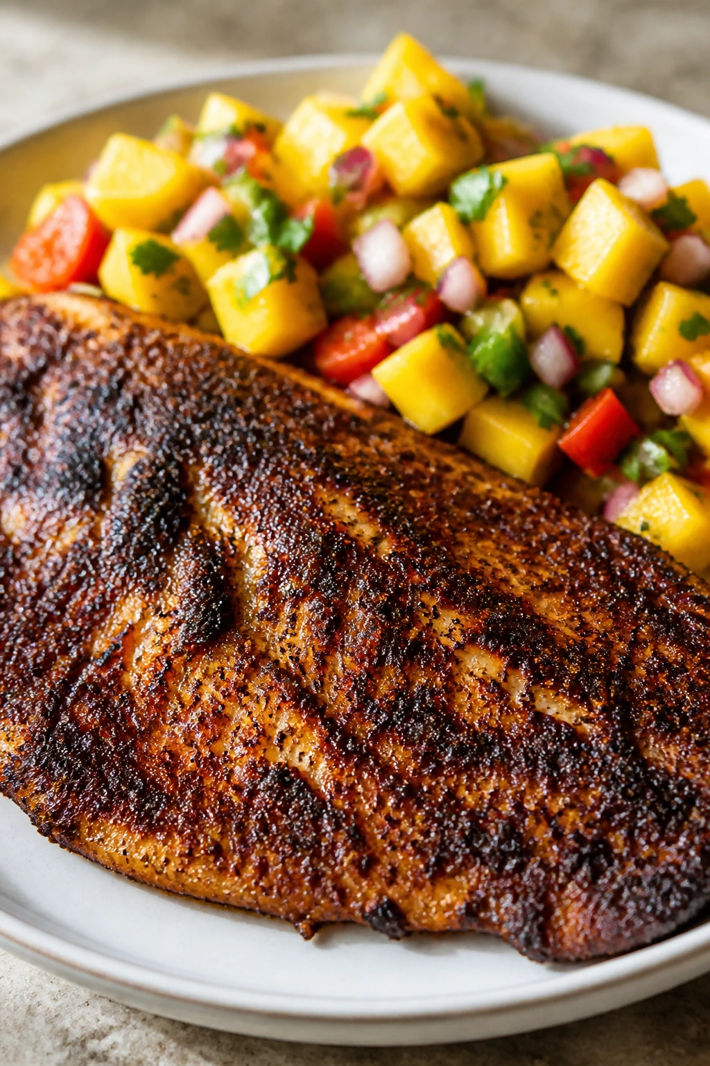 Tilapia fillet with blackened crust and mango salsa on plate