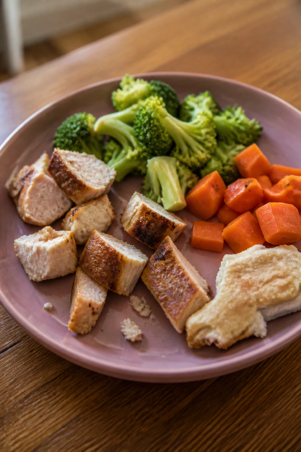 Close-up of a plate showing common toddler dinner mistakes like large pieces and dry texture
