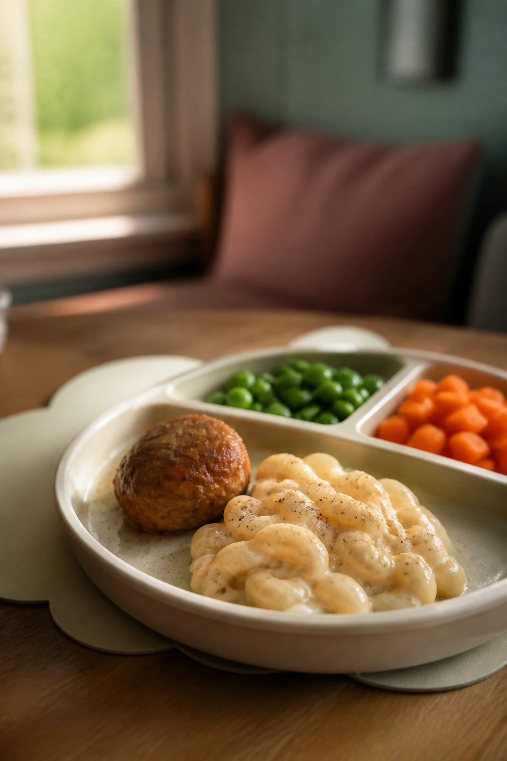 Close-up of toddler-friendly pasta and meatball on divided plate