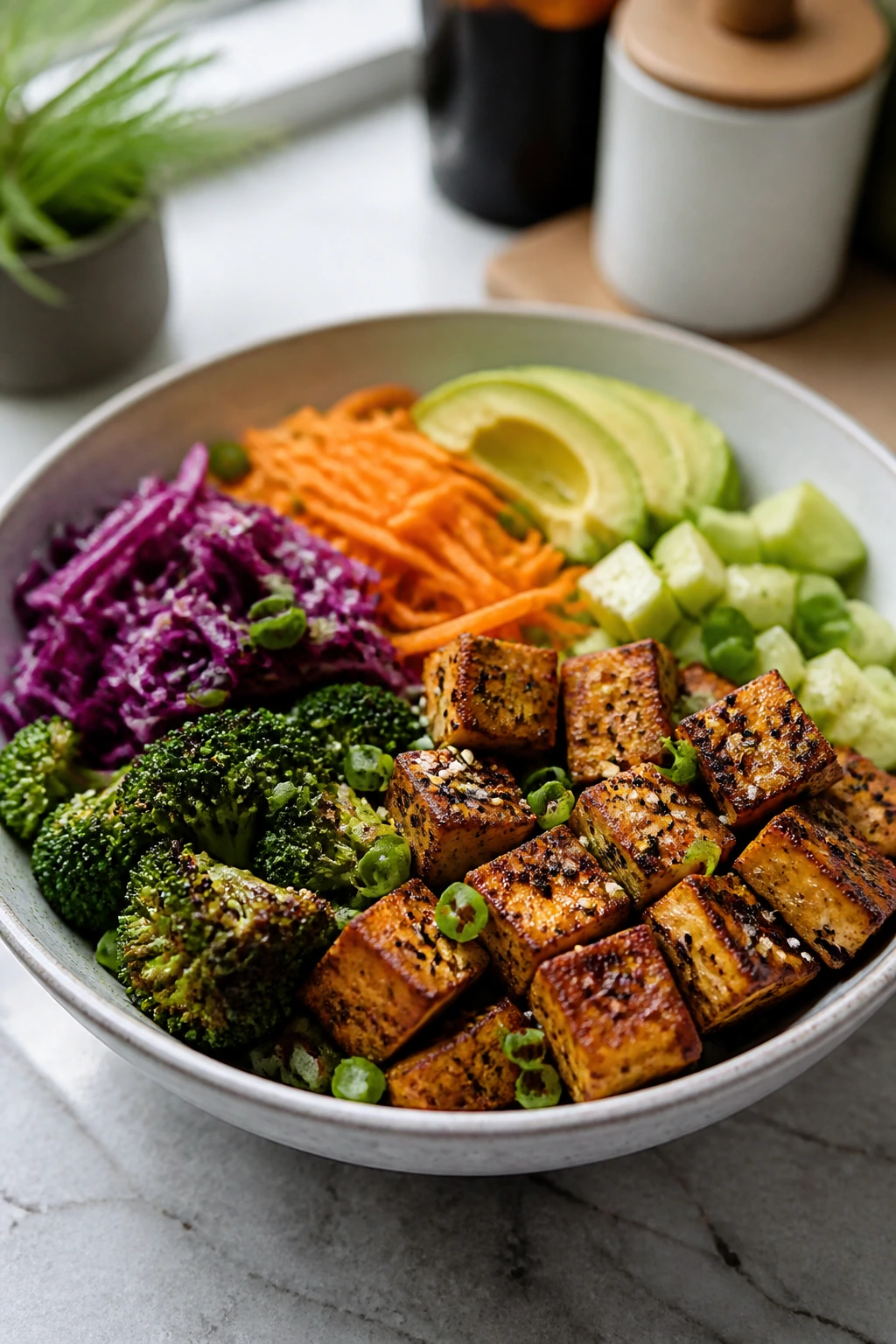 Dairy-free tofu bowl with colorful toppings