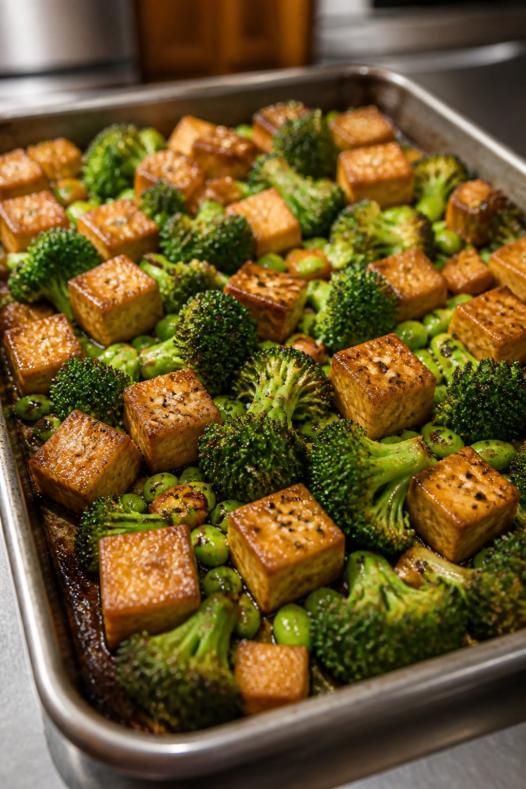 Close-up of sesame ginger tofu with broccoli and edamame on a sheet pan