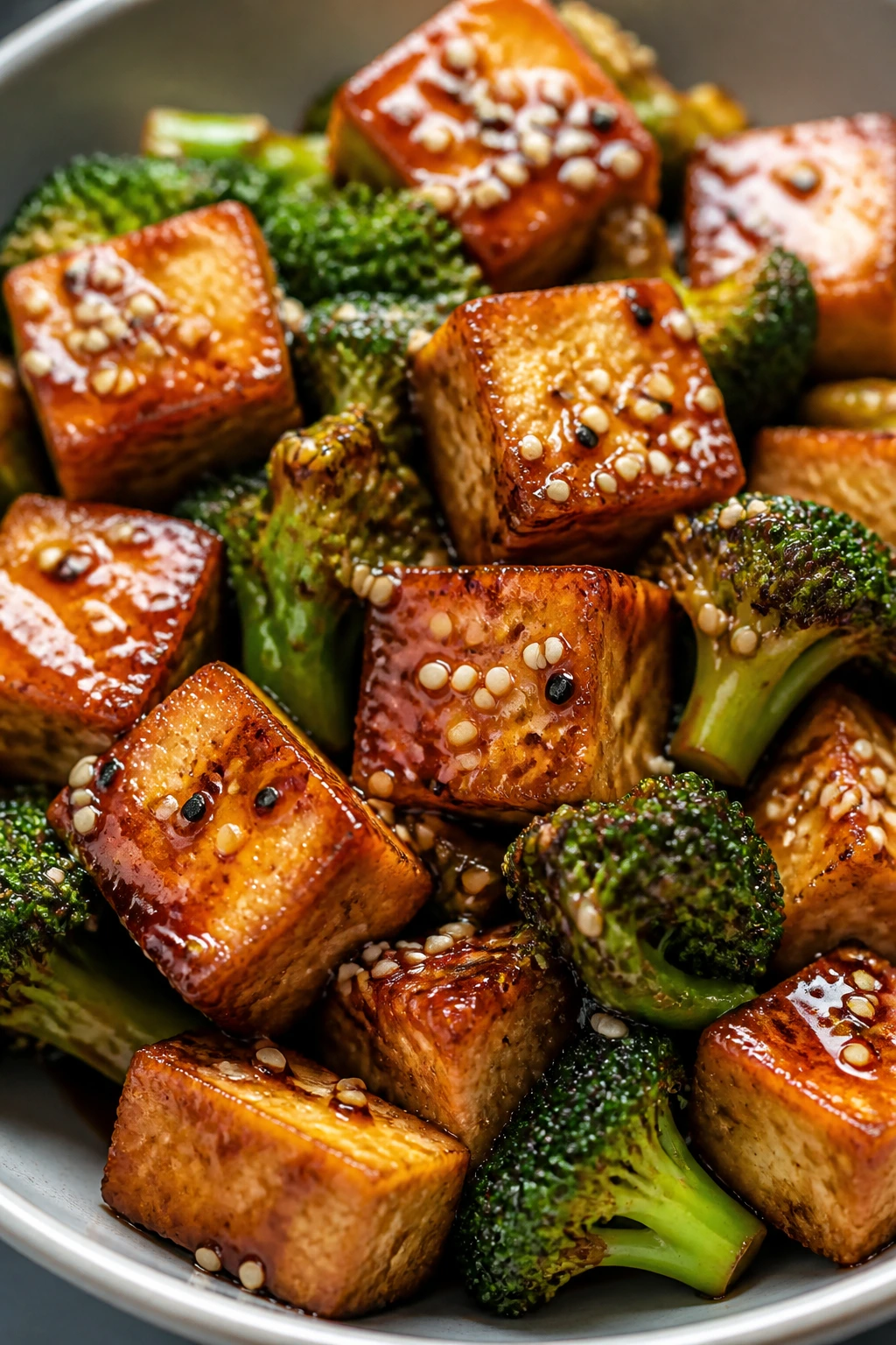 Crispy tofu and broccoli with sesame glaze on a plate.